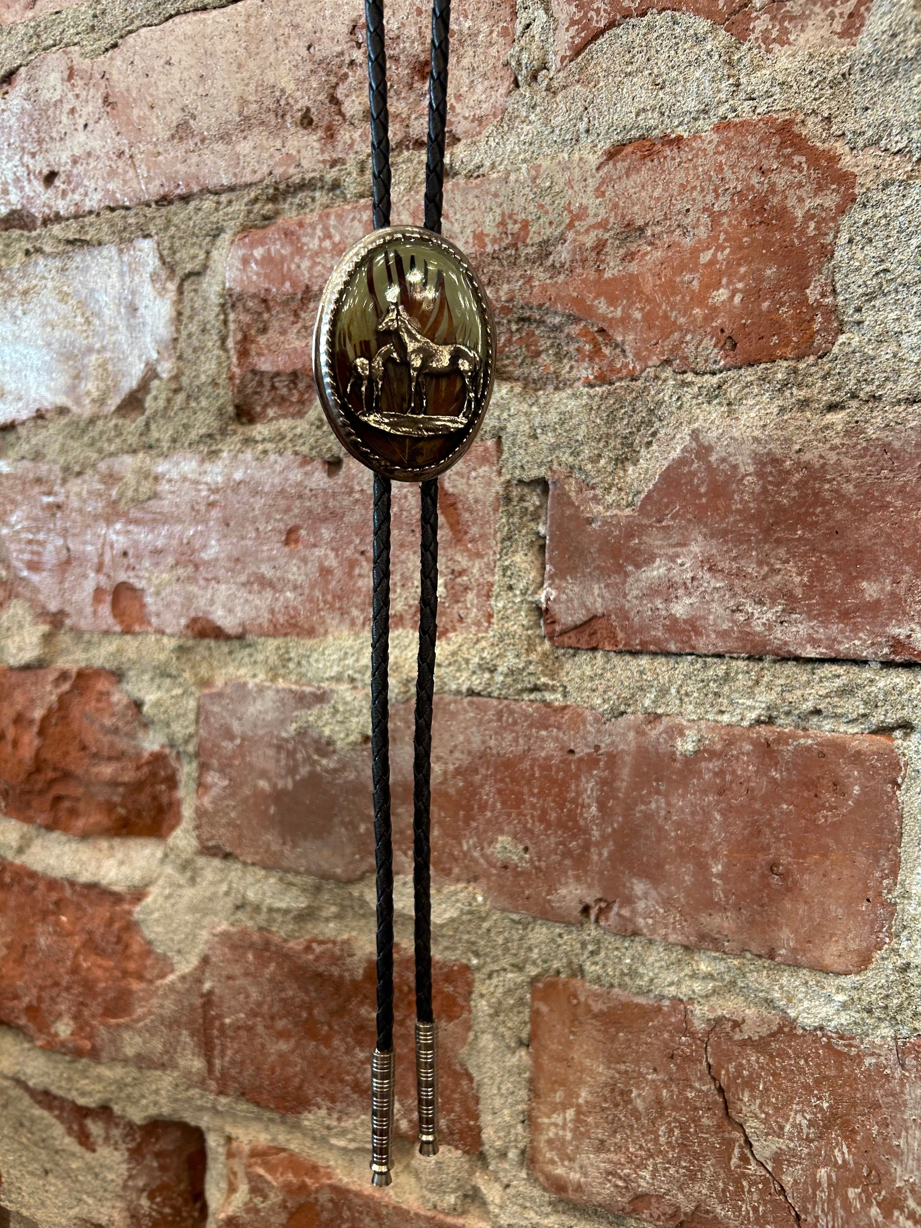 Silver Horses Feather Backdrop Bolo Tie