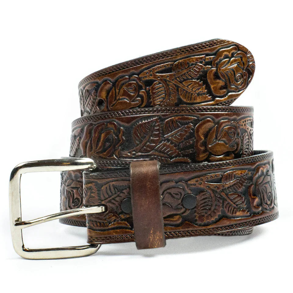 Brown Western Roses Leather 1 1/2" Belt