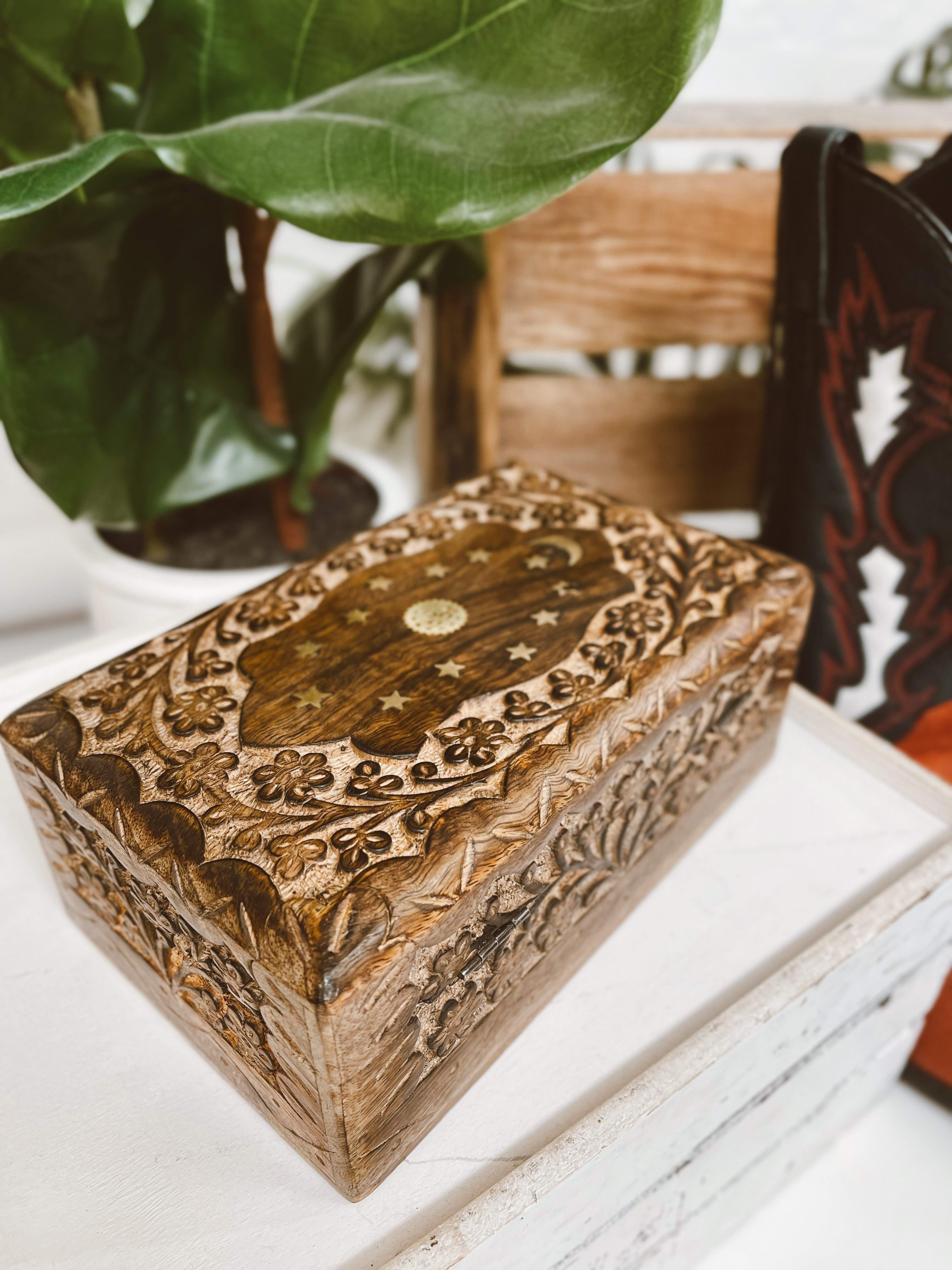 Celestial Floral Inlay Wooden Jewelry Box